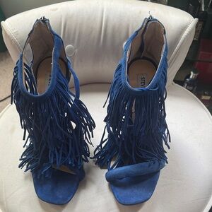 Steve Madden Blue Suede Fringe Open-Toe Heels